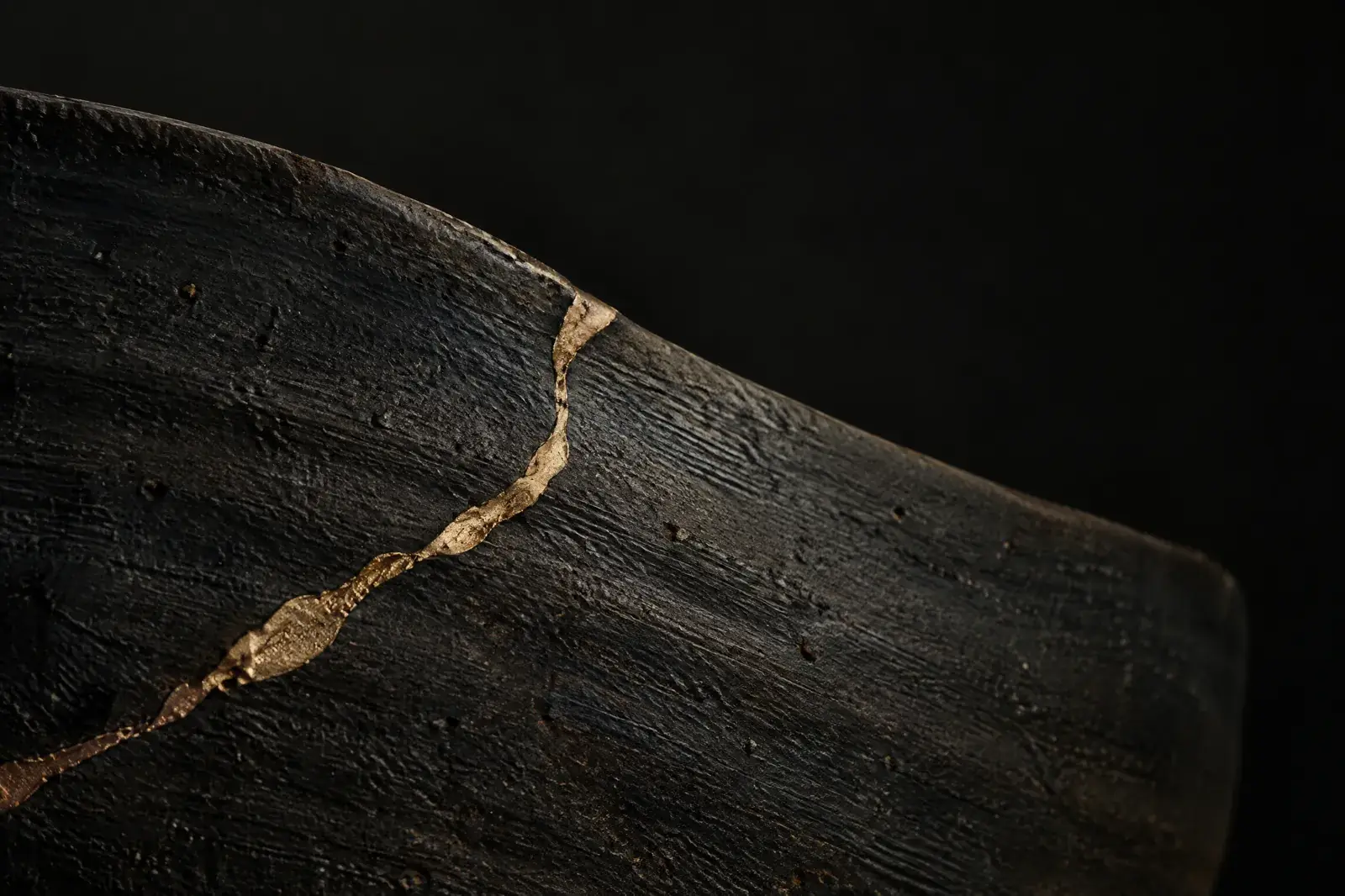 Goldene Kintsugi-Naht auf dunkler Keramik